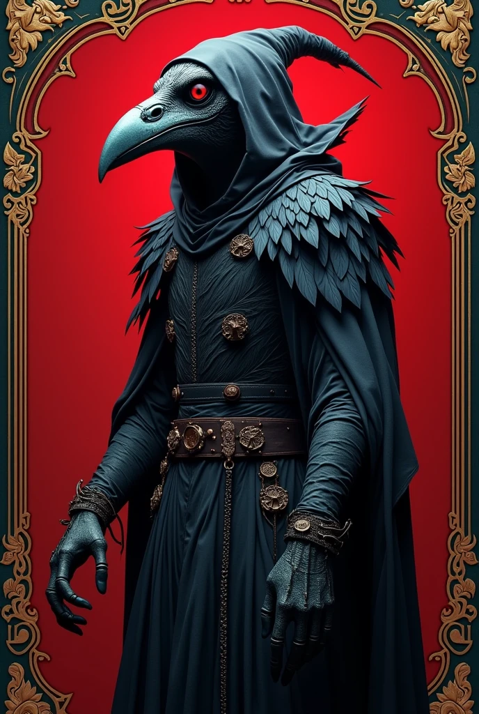 Make a medieval costume with a witch's head and a crow's body , that the image has a colorful frame with a red background