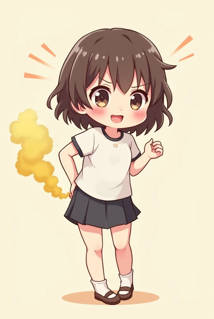 (The image shows a character style "chibi," which is a Japanese drawing style where the characters have an adorable appearance, with big heads and small bodies. This particular character has a simple and cartoonish appearance., with the following details:
- **hair:** The character has short brown hair, with bangs falling to one side of her forehead. The hairstyle is smooth and simple, with a small curve that stands out in the bangs.
- **method:** His facial expression is relaxed and happy., with her eyes closed in a soft line suggesting she is smiling. It has a small mouth drawn in the shape of a "3," which gives him an even more adorable and satisfied appearance.
- **body:** The body is small and rounded., typical of chibi style. He is dressed in a white shirt and what appears to be a dark blue skirt or shorts., combined with a light blue tie or ribbon hanging from the neck.
- **arms:** The arms are short and rounded., and are raised slightly forward, with hands together in front, which gives the impression that he is clapping softly or moving with joy.
- **position:** The character is standing on what appears to be a grey or silver floor.. The pose is static, but the way he has his arms raised and his hands together suggests a happy or playful attitude.
In general, The image is very simple and lovely, showing a small and tender character in a pose that reflects tranquility and satisfaction.