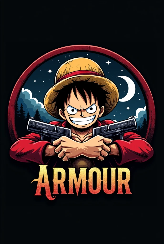 Create a logo using angry monkey d luffy from one pice and holding a gun and in background create a circle and inside that create dark moon sky background and on the circle write ARMOUR