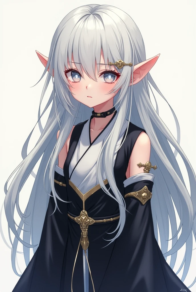 Japanese anime style art: a young elf with long white hair and silver eyes, They have a gentle expression and an adorable look but they are also sensual, wears medieval clothing in black and white, carries silver-colored daggers with him