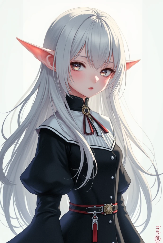 Japanese anime style art: a young elf with long white hair and silver eyes, They have a gentle expression and an adorable look but they are also sensual, wears medieval clothing in black and white, carries silver-colored daggers with him
