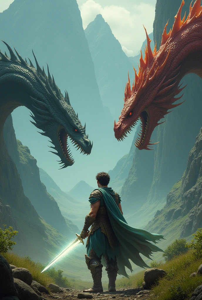 a strong, young man, serious-looking man, fighting powerful dragons. the man is brandishing a sword of blinding light. The landscape is of green fields in the background. Lord of the Ring