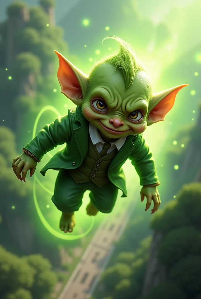A flying goblin in a green suit and green aura 