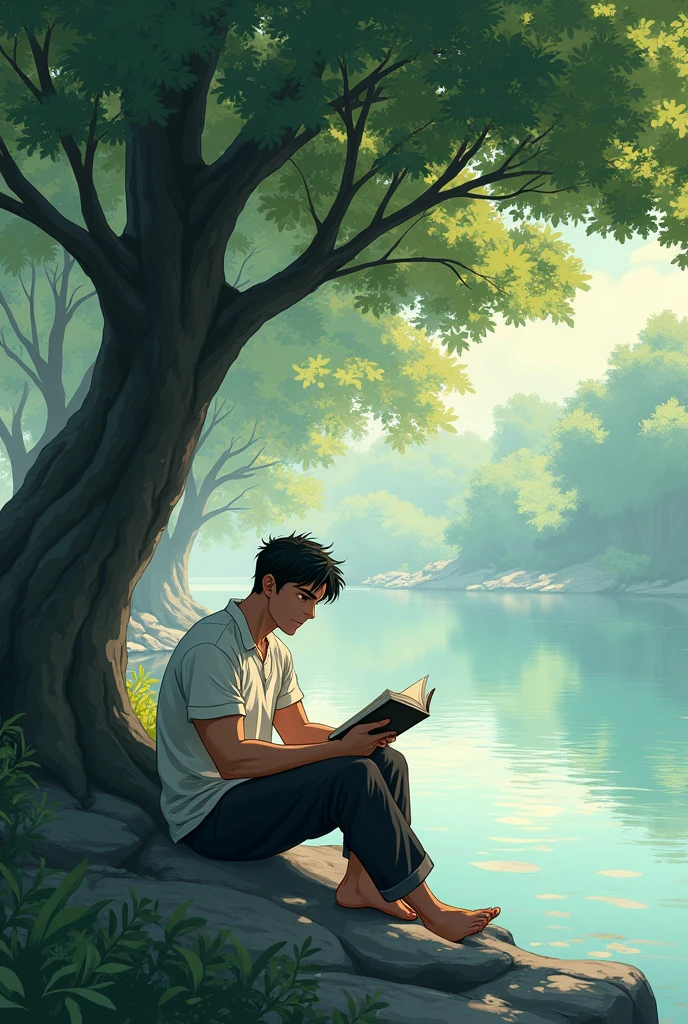 Abstract anime art of a broad-shouldered young man, reading under a tree next to a lake 