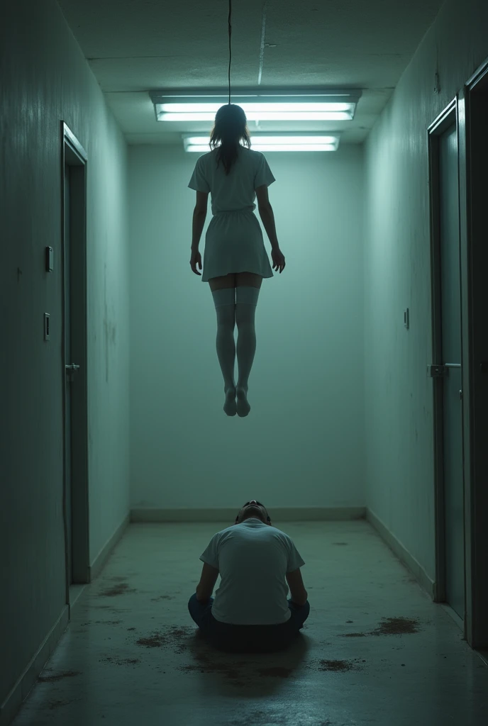 Scene of female nurse hanging herself in white thigh high socks ,hovering in the air , a man sitting on the ground in panic