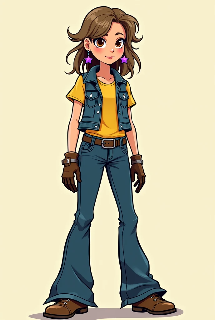 a one woman, She has brown eyes, light brown hair, wears purple star-shaped earrings, has a denim vest with a yellow t-shirt underneath, dark blue bell-bottom pants and boots, drawing style by author Bryan Lee O'Malley.