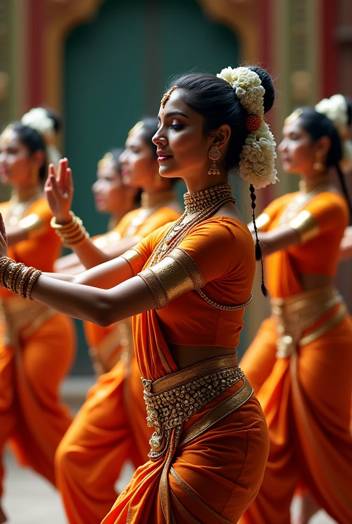 A realistic photo of women dancing bharatanatyam