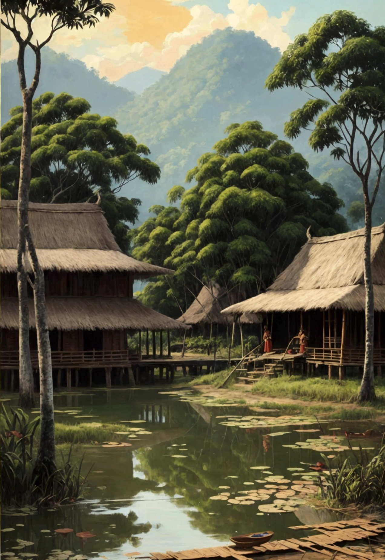 pallet knifehard palette painting, in a village in Kalimantan, Indonesia, there was a village community in 1935, several simple wooden houses with black thatch roofs , there is a forest, tall trees with big roots and low trees, banana tree, little human activity, dressed modestly, it started to get dark in the afternoon, there are rice fields and small lakes, Real picture, naturalistic, canvas base, palette knife, Raden Saleh style 1930 era., Affandi style."

