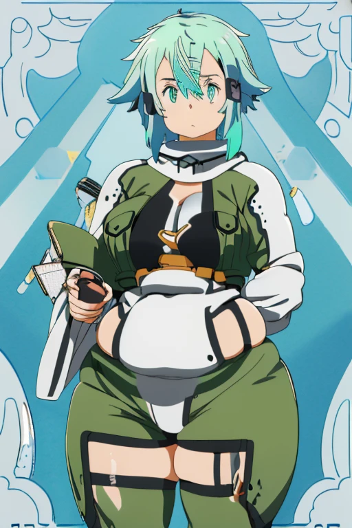 a close up image of an anime girl, (EPsoaSinon), (((ssbbw))), chubby, extremely detailed face, (detailed eyes), stares at the viewer, ((large breasts)), (((extremely wide thighs))), (((extremely thick thighs))), round belly, (((very tight outfit))), simple background, (((hyper bottom heavy))), overhanging breasts,