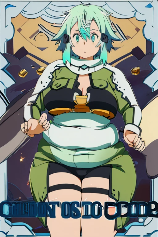 a close up image of an anime girl, (EPsoaSinon), (((ssbbw))), chubby, extremely detailed face, (detailed eyes), stares at the viewer, (((extremely wide thighs))), (((extremely thick thighs))), (((round belly))), (((very tight outfit))), simple background, (((hyper bottom heavy))), standing up, flat chest,