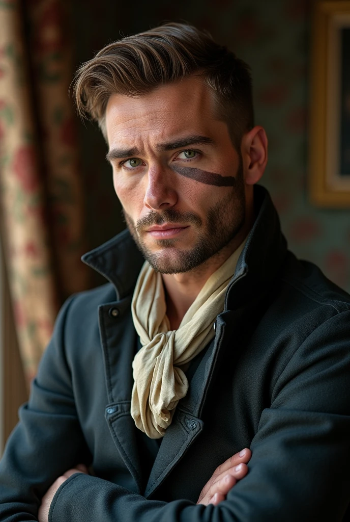 A 3 British man Green eyes Brown hair Muscular Looks like Alan Ritschon Lives in 1800 Ex-military With a scar over his eye