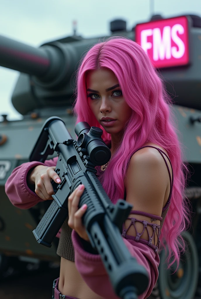 1 woman with exuberant beauty, With long hair, bright pink wavy hair, with a rifle in his hand and looking at the viewer with piercing eyes. Behind her is a huge war tank with tracked wheels and some pink details and a luminous sign that says “FMS”