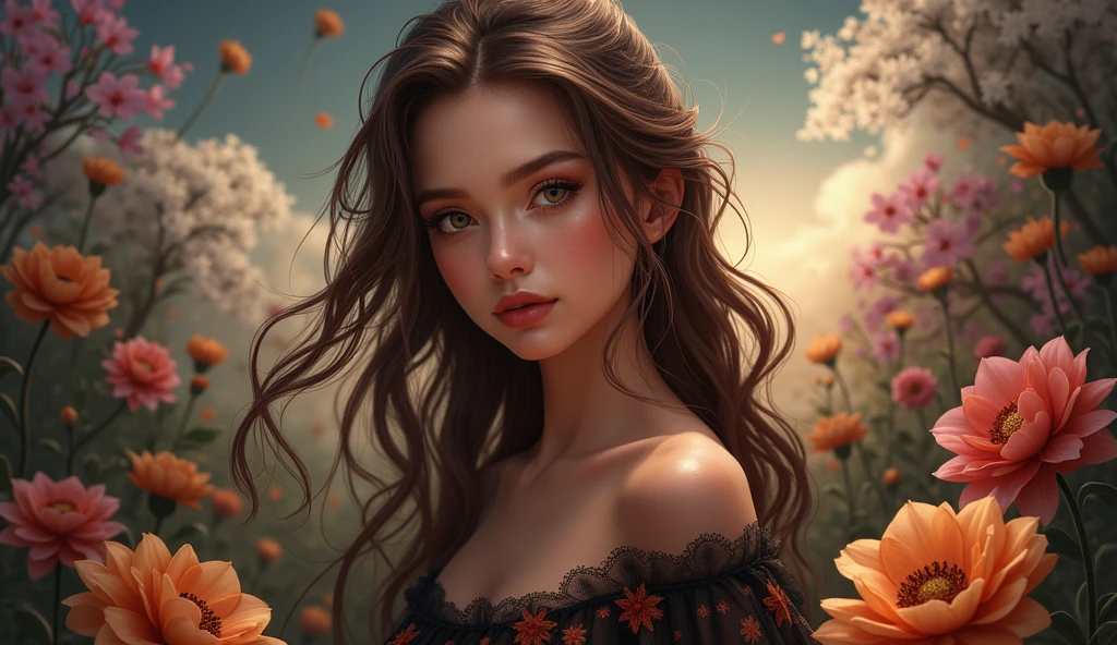 (masterpiece, best quality), intricate details, 8k, artstation, wallpaper, official art, splash art, sharp focus, 1girl, beautiful detailed eyes, beautiful detailed lips, extremely detailed eyes and face, long eyelashes, delicate facial features, porcelain skin, elegant posture, flowing hair, serene expression, detailed floral garden background, warm lighting, vibrant colors, dreamy atmosphere