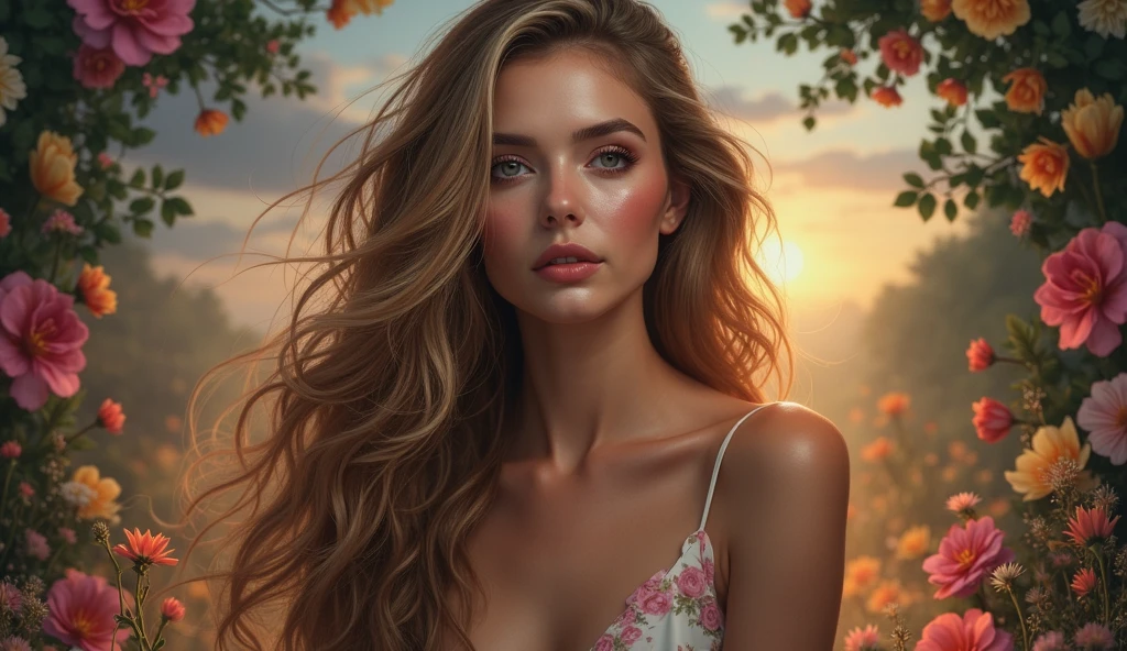 At the edge of the tranquil park, as the setting sun casts ethereal golden hues, a woman in an Art Deco dress, reminiscent of the Fauvist era, gazes thoughtfully into the distance, surrounded by the vibrant cross-processed colors of nature's autumnal palette.