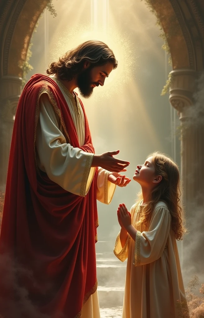 Jesus Christ giving blessing to a girl who is looking at the picture