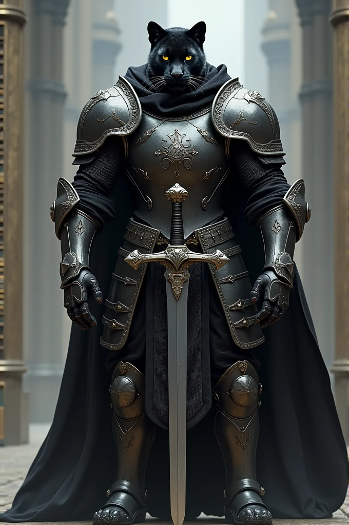 A black panther equipped with imposing medieval armor, with an intense and fixed gaze forward. She holds a sword in a firm and determined stance., Transmitting strength and determination