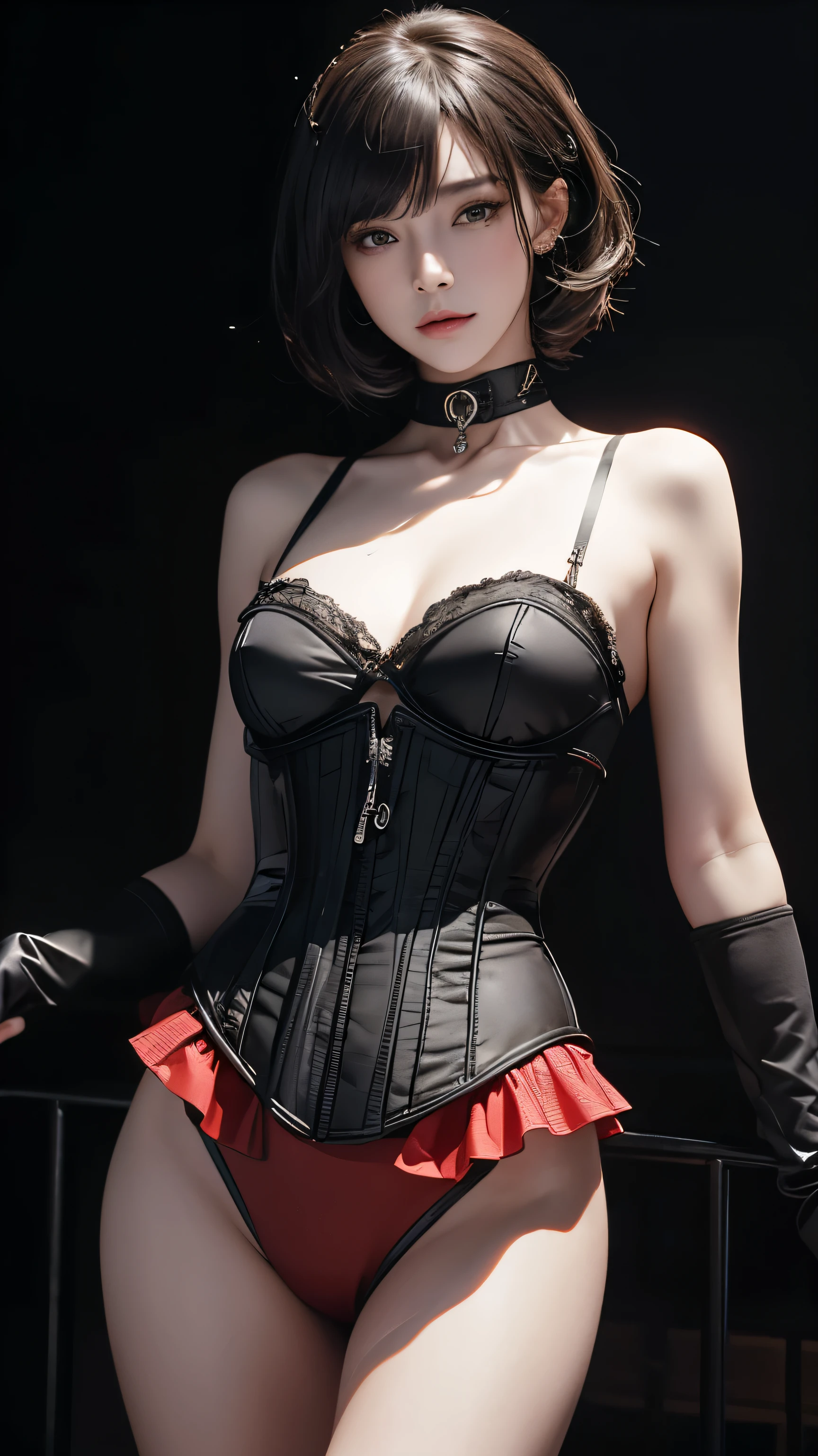 masterpiece, Highest quality, Very detailed, To the camera, Very detailed, Realistic, Sharp features, Very detailed, Sharp focus, Perfect Face, Perfect Face, Perfect symmetry and perfect eyes, Perfect Plump Lips, Flexible female form, cinematic, Film Light, Very detailedな, hyper Realistic, masterpiece, Atmospheric, High resolution, Vibrant, Dynamic Studio Lighting, ((Dark Background)), The facial expression when feeling happy, handcuffs, BDSM, slave, Rubber, Red Corset, (赤いfirst round), ((Highest quality, 8k, masterpiece: 1.3)), Sharp focus: 1.2, Beautiful woman with perfect figure: 1.4, Slim abs: 1.2, Wet body: 1.5, Very detailed face and skin texture, Detailed eyes, double eyelid, Very short hair,((SM lady)),((m嬢)),handcuffs,first round,Red and black outfit