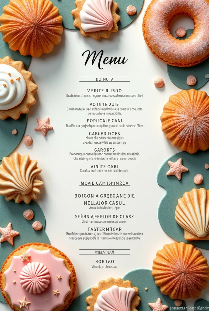 Paper menu in Brazilian Portuguese   (that has Scottish butter pie, donuts, shell shaped cookies, assorted cakes, natural juices and vitamins) from an instagrammable bakery, no visual pollution, located by the sea, with sweets in the shape of shells and starfish. 
