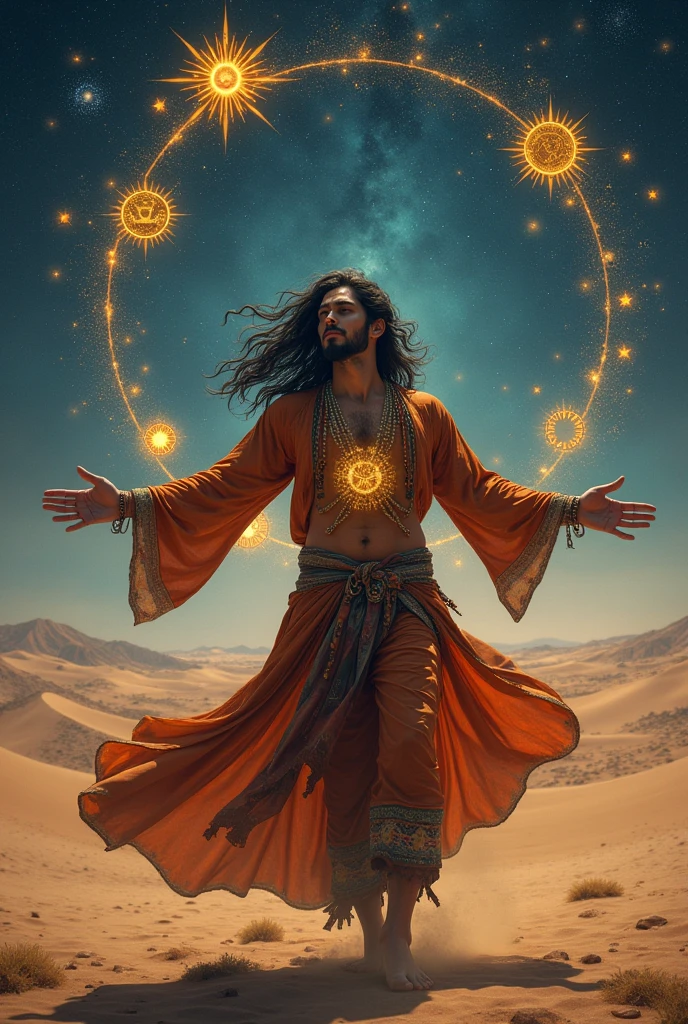 Young gypsy man with emblems of sun and stars spinning around in desert with constellations behind