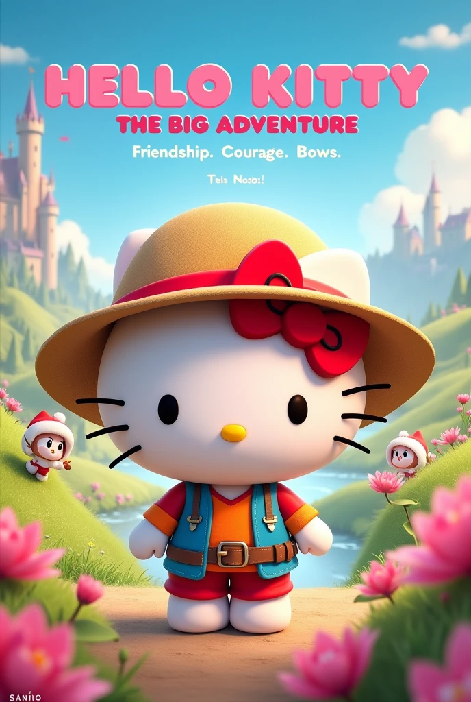 Create a movie poster concept for "Hello Kitty: The Big Adventure" with the following details:
**Image:**
- Center: Hello Kitty with a determined yet adorable expression, wearing her signature red bow and a colorful outfit suitable for an adventure (explorer's hat and a small backpack).
- Background: A whimsical and vibrant landscape with rolling hills dotted with giant flowers, sparkling rivers, and a towering, fantastical castle in the distance.
- Supporting Characters: Dear Daniel, My Melody, and Badtz-Maru peeking out from behind Hello Kitty, each with their own expressions of excitement and perhaps a little nervousness.
**Text:**
- Title: "HELLO KITTY: THE BIG ADVENTURE" (Large, playful font, possibly with a slight curve to it, embodying Hello Kitty's cheerful personality)
- Tagline: "Friendship. Courage. Bows." (Simple, cute, and memorable, placed below the title)
- Studio Logo: Sanrio logo (Discreetly placed at the bottom)
**Color Palette:**
- Dominant Colors: Pastels - pinks, yellows, blues, and greens, creating a soft and inviting feel.
- Accent Colors: Touches of bright red, matching Hello Kitty's bow, to add pops of energy and draw attention.
**Overall Feel:**
The poster should be overwhelmingly cute and inviting, capturing the essence of Hello Kitty's world. The whimsical background and adventurous attire should hint at an exciting journey, while the presence of her friends suggests the importance of companionship and teamwork.