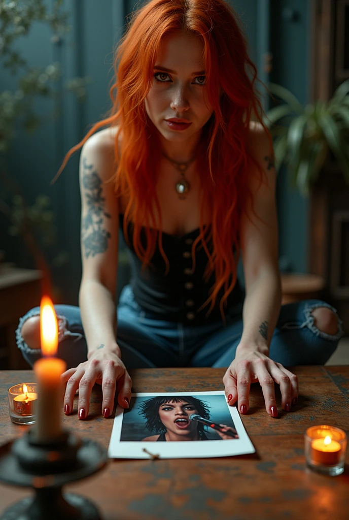 can you create me a realistic image of a red haired girl with a long butterfly cut brown eyes wearing blue jeans and black corset with piercings. Doing a witchcraft chord break with a candle over a Polaroid picture of a girl with a microphone singing with black hair.