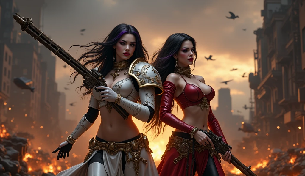 Full body pose sexy sisters of battle from the warhammer 40k, shooting at the enemy, white armor with intricate details, red armor with intricate details, religous symbols on the armor, sisters of battle, warhammer 40k, Massive silicone breast, pale skin, seductive, temptation, eat your soul, clevage, long flowing black hair with purple highlights, heavy gothic makeup, at night, neon, beautiful detailed eyes, beautiful detailed lips, extremely detailed eyes and face, long eyelashes, highly detailed armor, intricate futuristic weaponry, dramatic lighting, cinematic composition, muted color palette, gritty and realistic, mecha, science fiction, hyper-detailed, photorealistic, award winning digital art, 8k, HDR, masters work, in the middle of a battle field, full body combat action pose, explosions and fire around, full war, stunning, Stilleto heels, high heels, full body pose, cinematic, movie trailer, final stand!, nemesis, ready to strike, dust and debree, combat screams, attacking, shooting at the enemy, running forward, last line of defense, charging, fanatic, religious, templar knights, sisters of battle, warhammer 40k