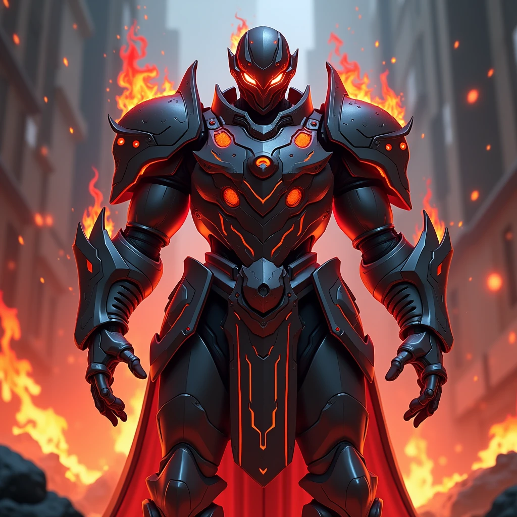 A heavily reinforced suit of battle armor designed to channel and enhance wielder's Hell Fire magic. The armor has built-in flame projectors and a heat shield, allowing him to unleash torrents of infernal fire while remaining protected from counterattacks. The armor glows with an ominous red light when fully activated, symbolizing his mastery over Hell Fire. Charcoal black with crimson flames etched across the surface. Super Detailed, Textured Skin, High Resolution, High Quality, Anime Style, Futurism, 3D Rendering, Full body,