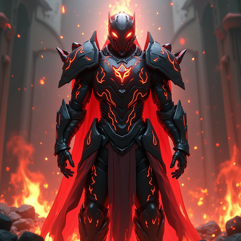 A heavily reinforced suit of battle armor designed to channel and enhance wielder's Hell Fire magic. The armor has built-in flame projectors and a heat shield, allowing him to unleash torrents of infernal fire while remaining protected from counterattacks. The armor glows with an ominous red light when fully activated, symbolizing his mastery over Hell Fire. Charcoal black with crimson flames etched across the surface. Super Detailed, Textured Skin, High Resolution, High Quality, Anime Style, Futurism, 3D Rendering, Full body,