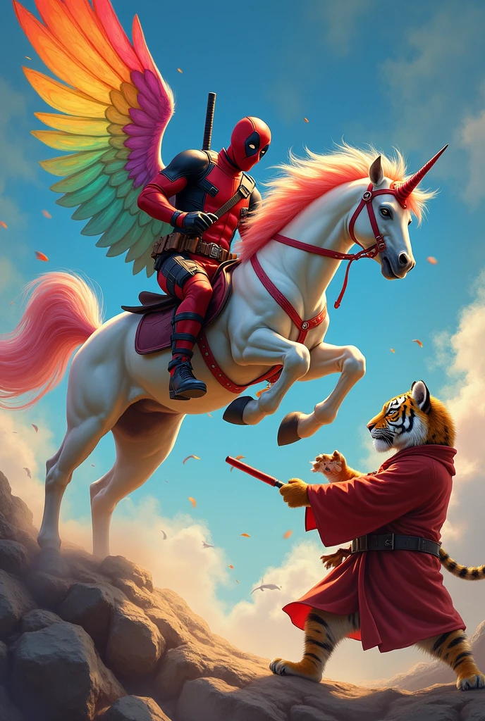 Deadpool riding a winged rainbow unicorn fighting a Bengal tiger in monk's robes holding two tonfa-shaped hamsters as weapons