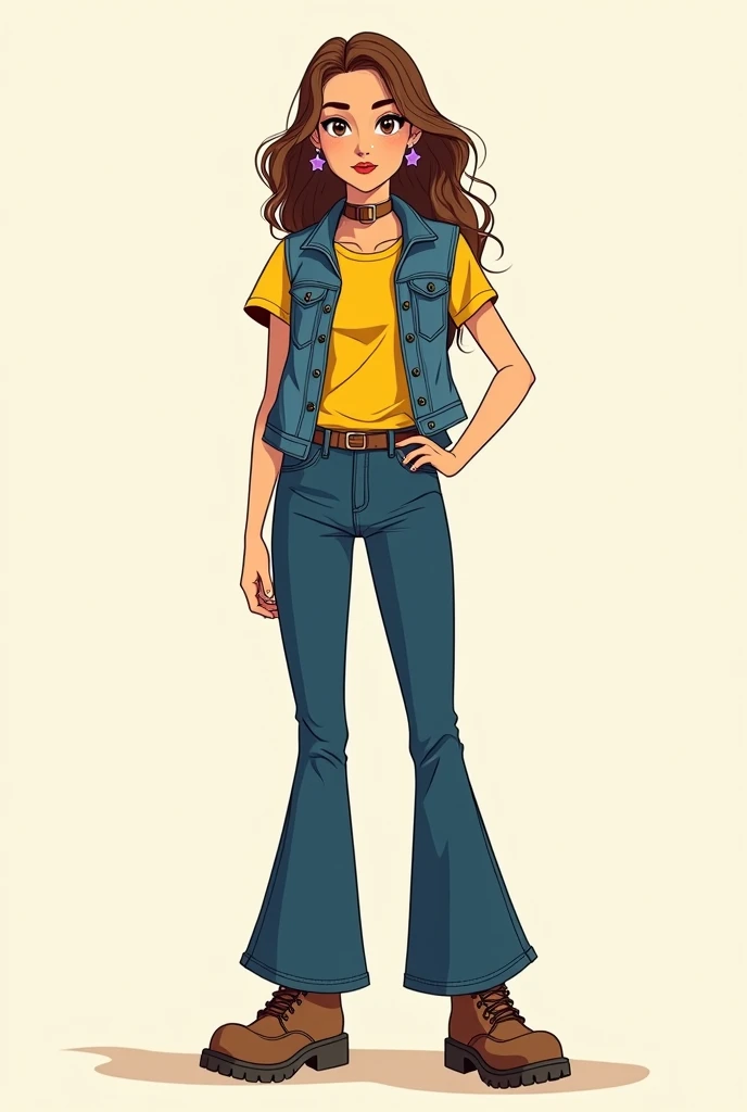 A brunette woman, She has brown eyes,  light brown hair, wears purple star-shaped earrings, has a denim vest with a yellow t-shirt underneath, dark blue bell-bottom pants and boots, drawing style by author Bryan Lee O&#39;Malley.
