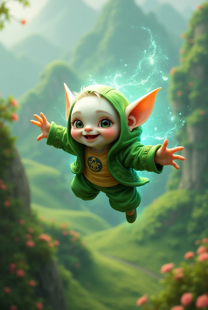 A white-skinned goblin flying in a green suit with a green aura