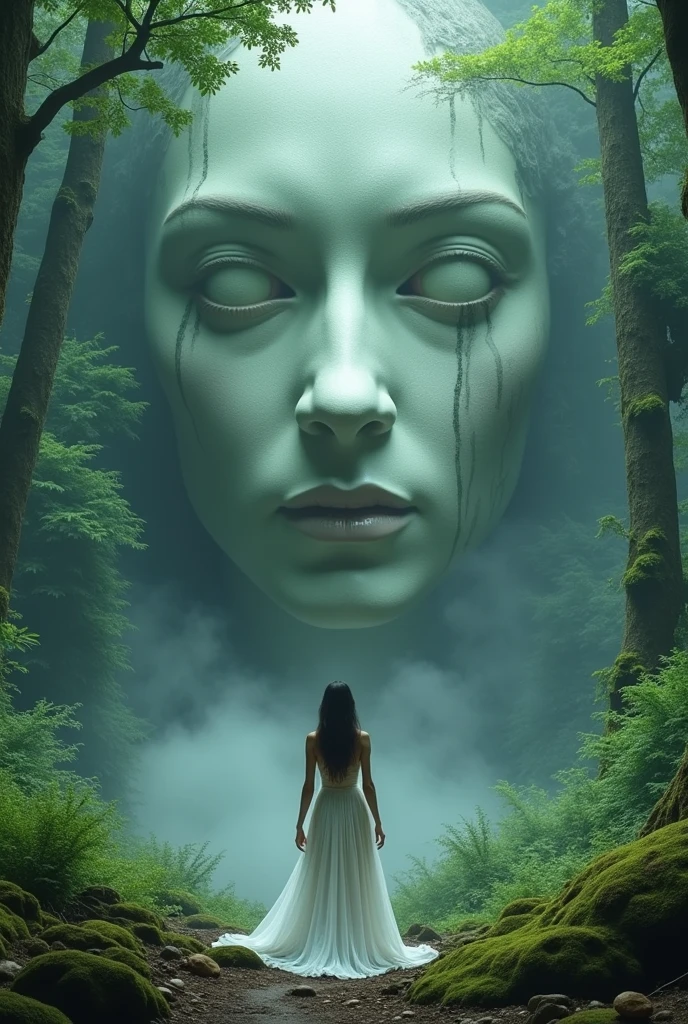 a woman in a white dress standing in front of a giant face in the woods, still from a fantasy movie, fantasy movie still, fantasy and cosmic horror movie, fantasy still movie, vfx movie closeup, film still from god of war, still from a live action movie, giant ethereal creature, treebeard, emma watson as driada, weta disney movie still photo, ents, highly detailed surreal vfx, the goddess hera looking angry, stunning vfx, elegant cinematic fantasy art, in a movie still cinematic, god of the forest, a still of an ethereal, from a 2 0 1 9 sci fi 8 k movie