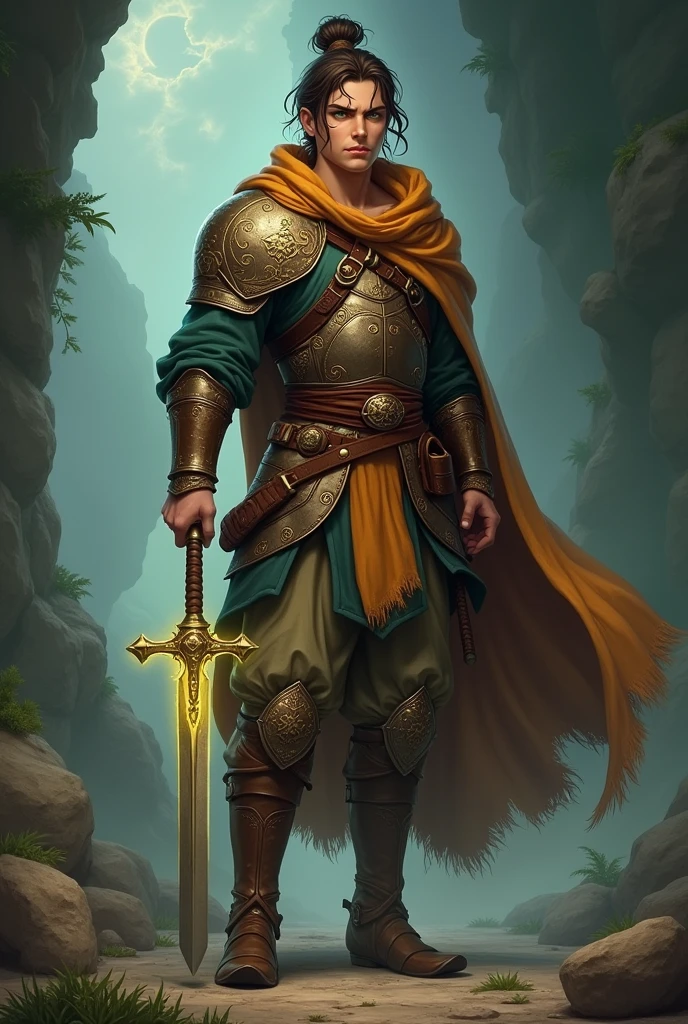  Full body image Lian is a young adventurer of approximately 20 years old, coming from medieval era. With an athletic stature and firm posture, he is an example of strength and agility. His hair is brown and disheveled, often tied up in a bun so as not to get in the way during their battles. Their eyes, intense green, reflect an unwavering determination and an insatiable curiosity about the world around them.

Lian is known for his exceptional skill with the sword., a blade forged with ancient runes that glows with a soft, mystical light. This sword is not just a weapon, but a symbol of his rigorous training and courage. He wears reinforced leather armor, designed to offer mobility without compromising protection. The armor is adorned with symbols of your clan and details indicating your achievements..

Despite his focus on the sword, Lian also has a rudimentary knowledge of magic., acquired through studies and practices with local magicians. This knowledge helps you imbue your blade with spells and enchantments., increasing your combat effectiveness.

Her fearless and loyal spirit makes Lian a natural leader among her fellow adventurers.. He is driven by the pursuit of justice and the desire to protect the innocent.. Your journey is marked by battles against monsters and challenges in dark caves., where his skill with the sword and his knowledge of magic prove indispensable