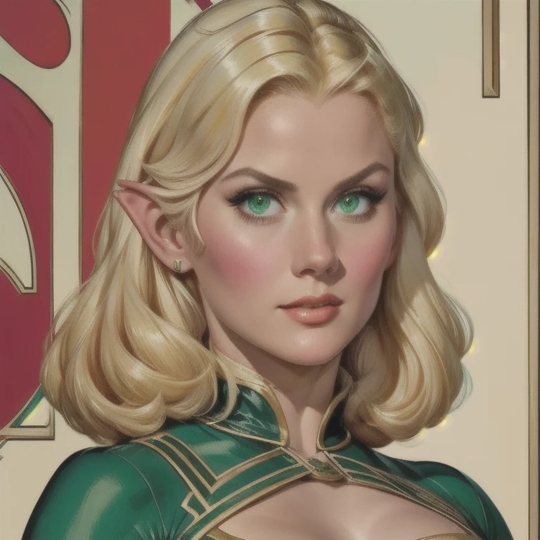 a female elf named Elcia from Record of Lodoss war, blonde elf, pointed ears, green eyes, large bust wearing Record of Lodoss war style clothes, wide hips, extremely detailed portrait, realistic, photorealistic, extremely detailed and intricate facial features, beautiful detailed eyes, beautiful detailed lips, extremely detailed skin, highly detailed clothing texture, detailed background, masterpiece, 8k, best quality, digital art