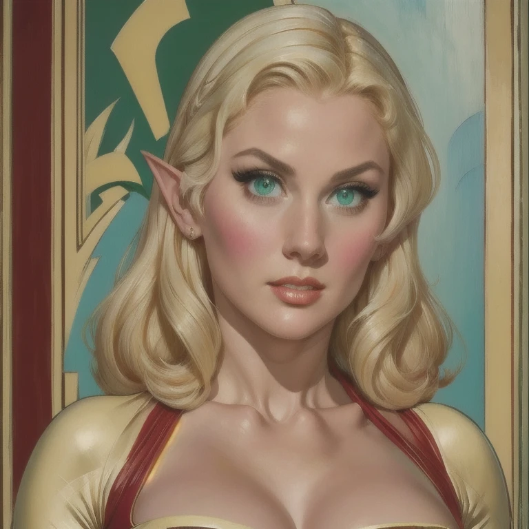 a female elf named Elcia from Record of Lodoss war, blonde elf, pointed ears, green eyes, large bust wearing Record of Lodoss war style clothes, wide hips, extremely detailed portrait, realistic, photorealistic, extremely detailed and intricate facial features, beautiful detailed eyes, beautiful detailed lips, extremely detailed skin, highly detailed clothing texture, detailed background, masterpiece, 8k, best quality, digital art