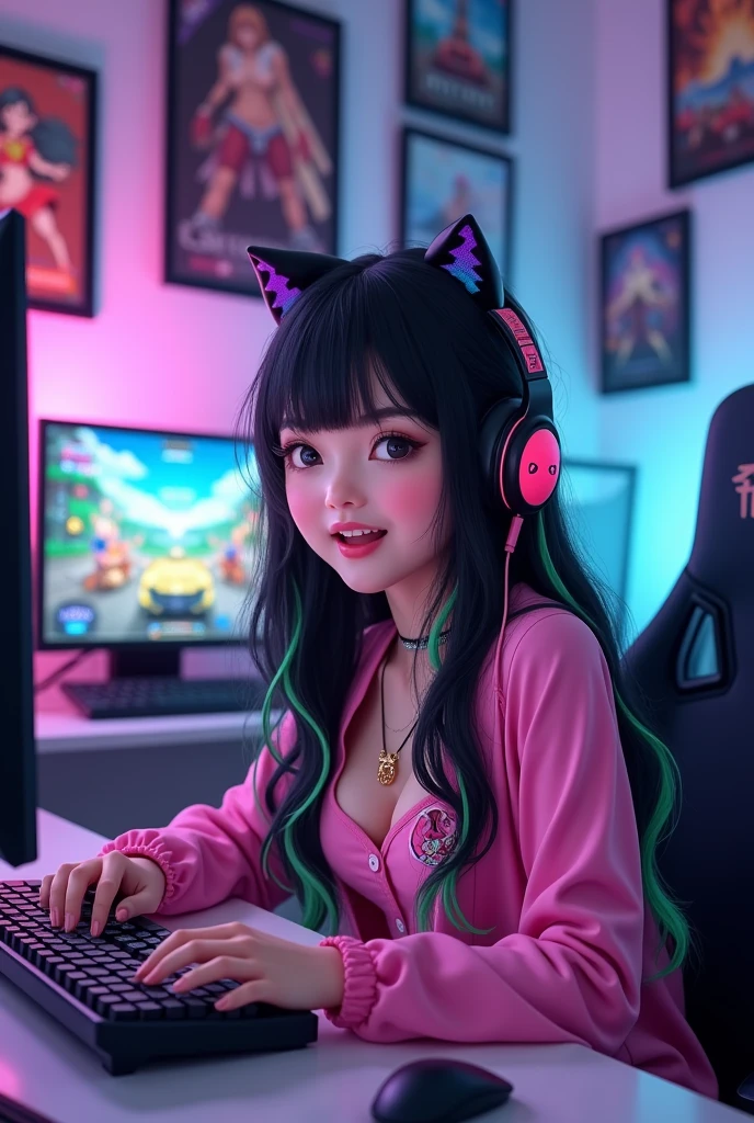 Photorealistic of beautiful Japanese , Photo of a cute Japanese female idol livestreaming a video game. She has large expressive eyes, a bright smile, and long black hair with colorful streaks. She's wearing a trendy, colorful outfit with kawaii accessories. The background shows a cozy gaming setup with LED lights, posters of popular games, and a professional microphone. The idol is energetically reacting to the game she's playing, visible on multiple screens around her