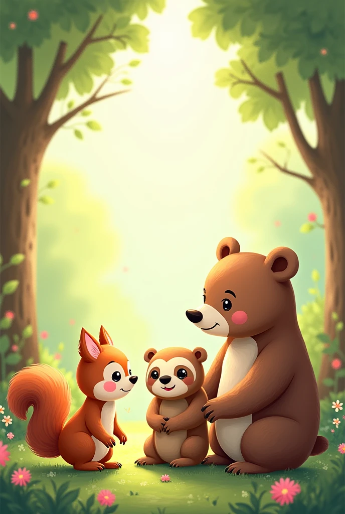 a cute drawing of a squirrel with a sloth and a bear