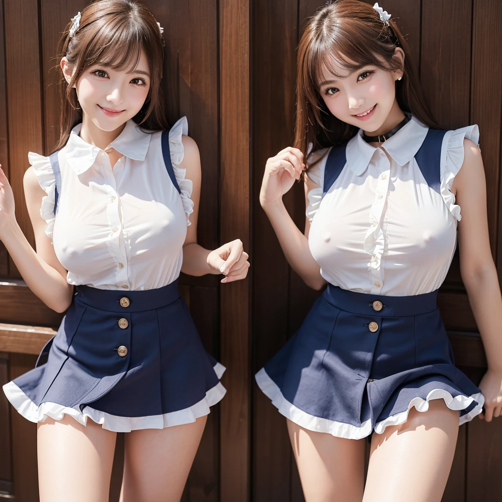 (high quality)、(High resolution)、2 people、Look at me with a smile、whole body、:1.5、、Thin and beautiful legs、Soft thighs、(A tight sleeveless shirt with buttons, fr and a collar)、(A short skirt with frills so short that you can almost see her panties)、Erect :1.5