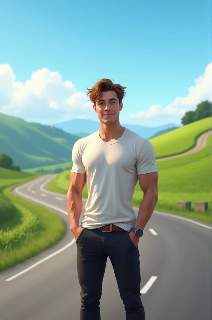 A handsome young man is standing on the road.
((He is wearing a black long pants and a white T-Shirt