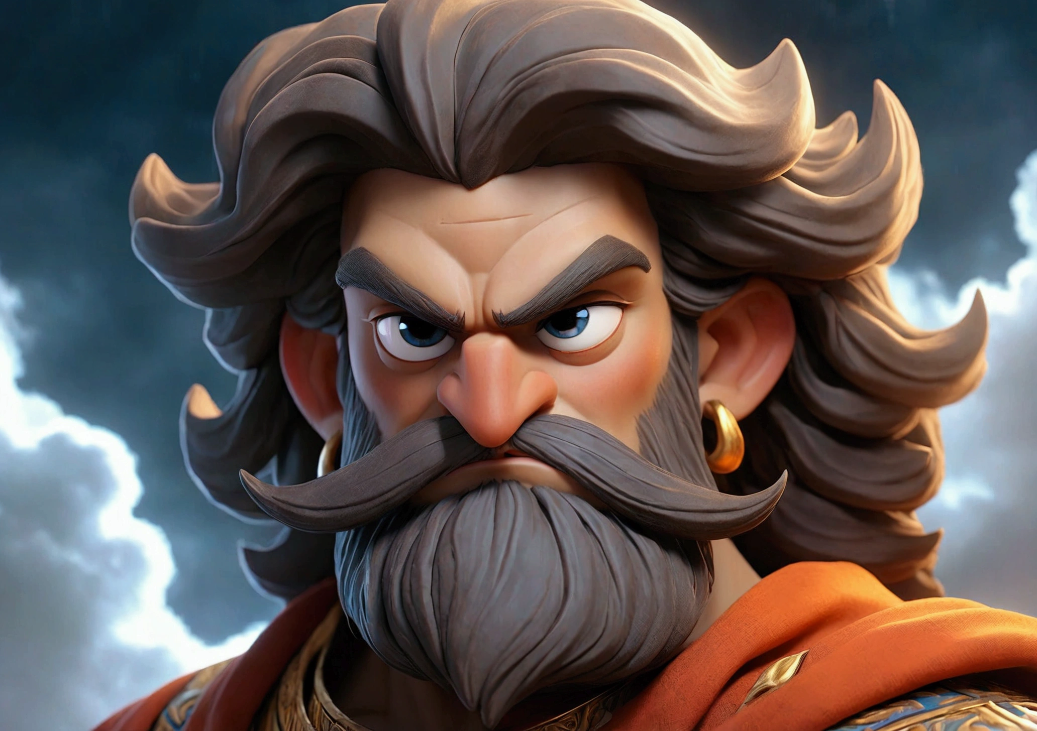 A vivid portrayal of God with a mix of realism and animated artistry. His face is commanding and majestic, with deep, wise eyes that convey both authority and benevolence. The background is a blend of stormy clouds and radiant light, creating a contrast that emphasizes his divine power. His hair and beard are intricately detailed, appearing both ancient and timeless. The colors are bold, with a glowing aura that surrounds his entire figure, giving him an otherworldly, yet approachable presence.