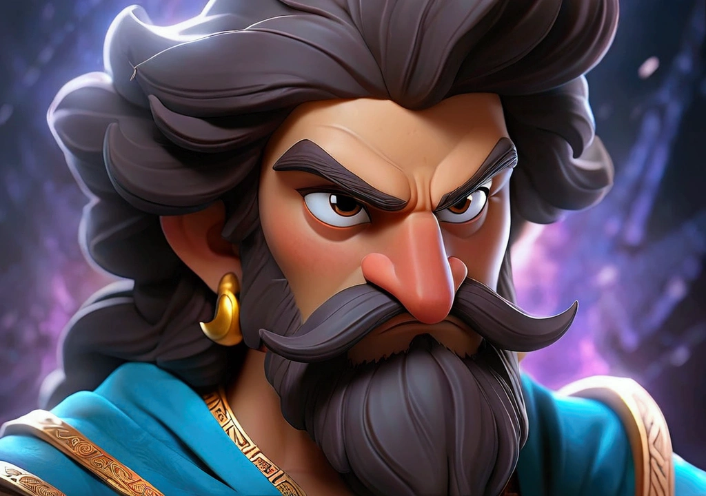  A vivid portrayal of God with a mix of realism and animated artistry. His face is commanding and majestic, with deep, wise eyes that convey both authority and benevolence. The background is a blend of stormy clouds and radiant light, creating a contrast that emphasizes his divine power. His hair and beard are intricately detailed, appearing both ancient and timeless. The colors are bold, with a glowing aura that surrounds his entire figure, giving him an otherworldly, yet approachable presence.