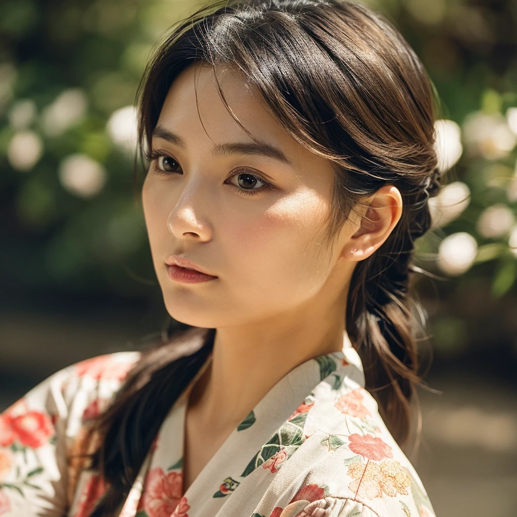 A hyper-realistic image of a single Japanese woman in her early 20s, captured from the shoulders up with the nostalgic warmth and subtle graininess of a film camera. She is wearing a traditional yukata with a vibrant, cute design featuring bold and colorful floral patterns such as cherry blossoms and peonies in shades of pink, red, and lavender, set against a soft pastel background. The obi is elegantly tied with a complementary color, adding a playful touch. The fabric of the yukata appears naturally lightweight, with visible folds and textures that enhance its realism, draping gracefully over her shoulders. Her skin, seen clearly from the shoulders up, has a warm beige tone with a highly realistic, slightly rough texture, showcasing visible pores, fine lines, and minor blemishes, along with subtle unevenness, such as delicate dryness around the cheeks and small natural shadows under the eyes. The lighting is soft and subdued, replicating the gentle, diffused natural light of an overcast day or early evening, creating realistic shadows across her face. These shadows subtly contour her cheekbones, nose, and jawline, adding depth and dimension to her facial features, enhancing the lifelike quality of her skin texture. Her straight, glossy black hair frames her face naturally, slightly tousled, adding to the authenticity of her look. Her deep brown eyes reflect the ambient light, providing depth and a natural, lifelike shine. The film camera effect introduces a noticeable grain and a soft focus, giving the image a warm, nostalgic atmosphere while maintaining the raw, lifelike quality of her skin. The composition is centered solely on her, capturing her serene and understated elegance, focusing closely on the detailed textures of the yukata and the authentic, natural skin texture, with dynamic lighting and shadow play that mimics a real-life photograph.