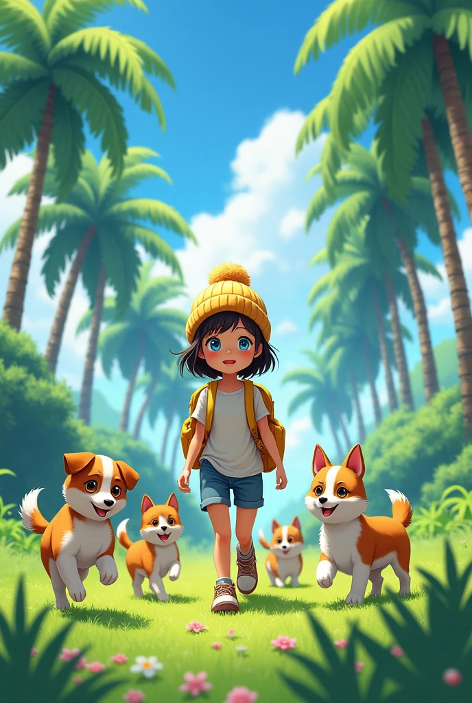 anime girl with a (((yellow backpack))) and (((four dogs in a field of coconut trees))), ((((blue eyes girl)))), (((The girl is wearing a beanie))), cute detailed digital art, adorable digital painting, ((((camera a front of character)))), artwork in the style of guweiz, realistic anime 3 d style, anime styled 3d, render of a cute 3d anime girl, made with anime painter studio, anime style. 8k, childrens art in artstation, anime visual of a cute girl,