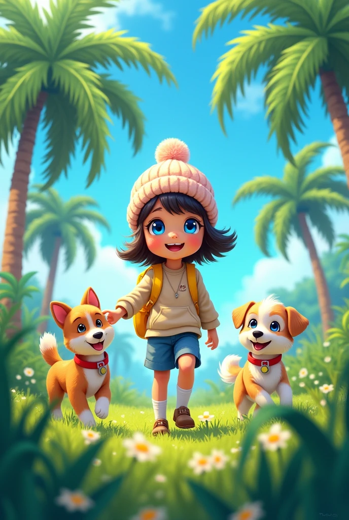 anime girl with a (((yellow backpack))) and (((four dogs in a field of coconut trees))), ((((blue eyes girl)))), (((The girl is wearing a beanie))), cute detailed digital art, adorable digital painting, ((((camera a front of character)))), artwork in the style of guweiz, realistic anime 3 d style, anime styled 3d, render of a cute 3d anime girl, made with anime painter studio, anime style. 8k, childrens art in artstation, anime visual of a cute girl,