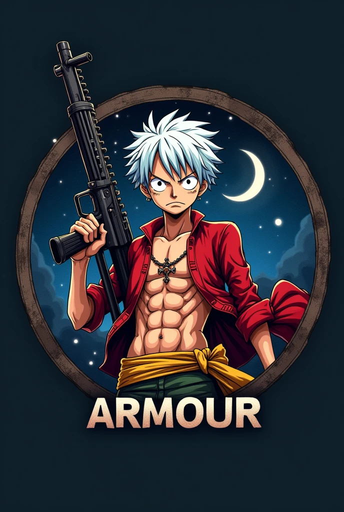 Create a logo using angry monkey d luffy with wite hair  from one pice and holding a gun and in background create a circle and inside that  create dark moon sky background and on the circle write ARMOUR 