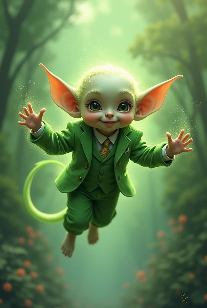 A white human goblin flying with a green suit and green aura 