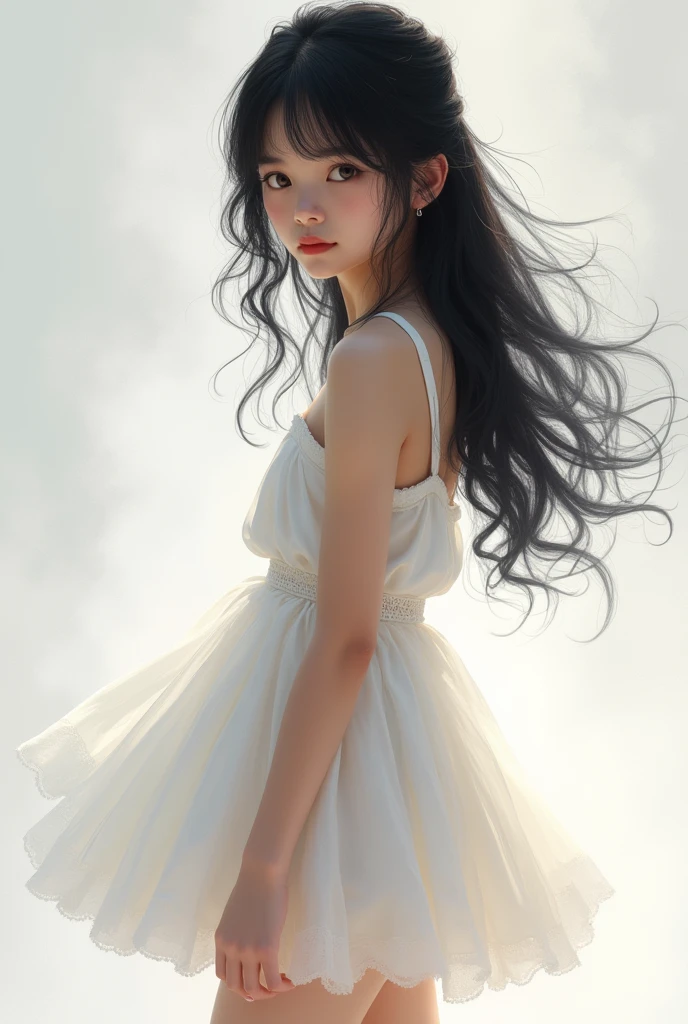 A  girl, 
De pele clara, white as snow with dark hair, at shoulder height 
 , dressed in a short skirt 
