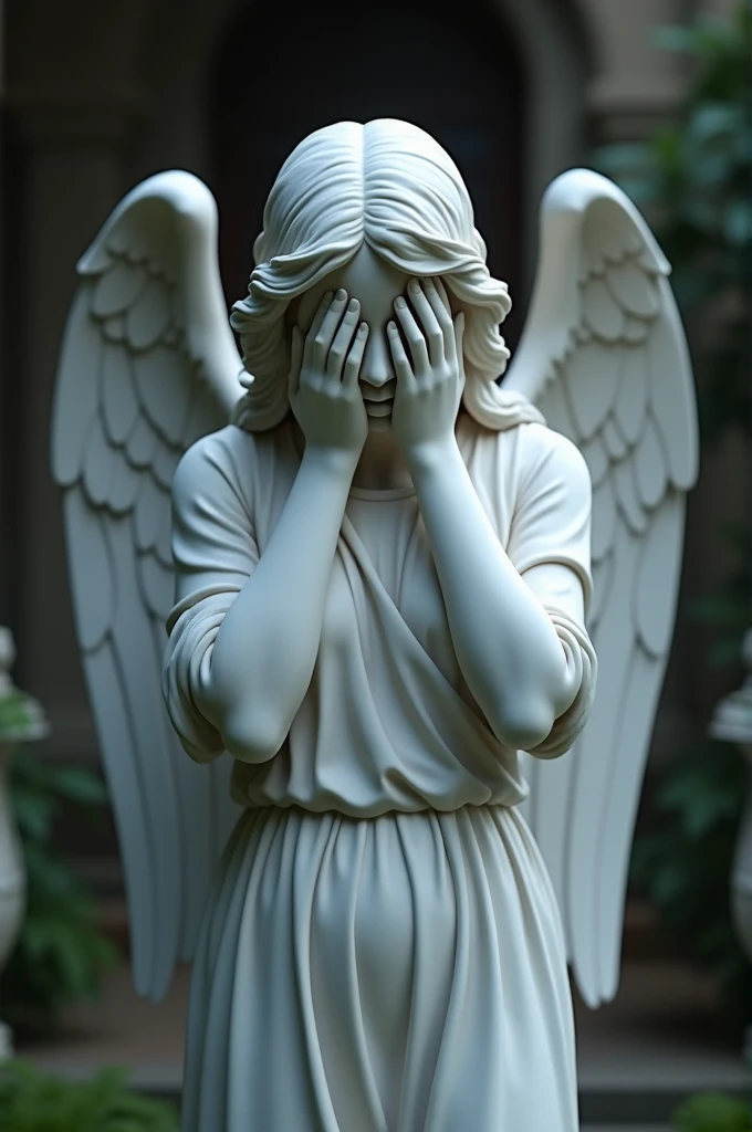 Realistic image of angel statue covering its eyes