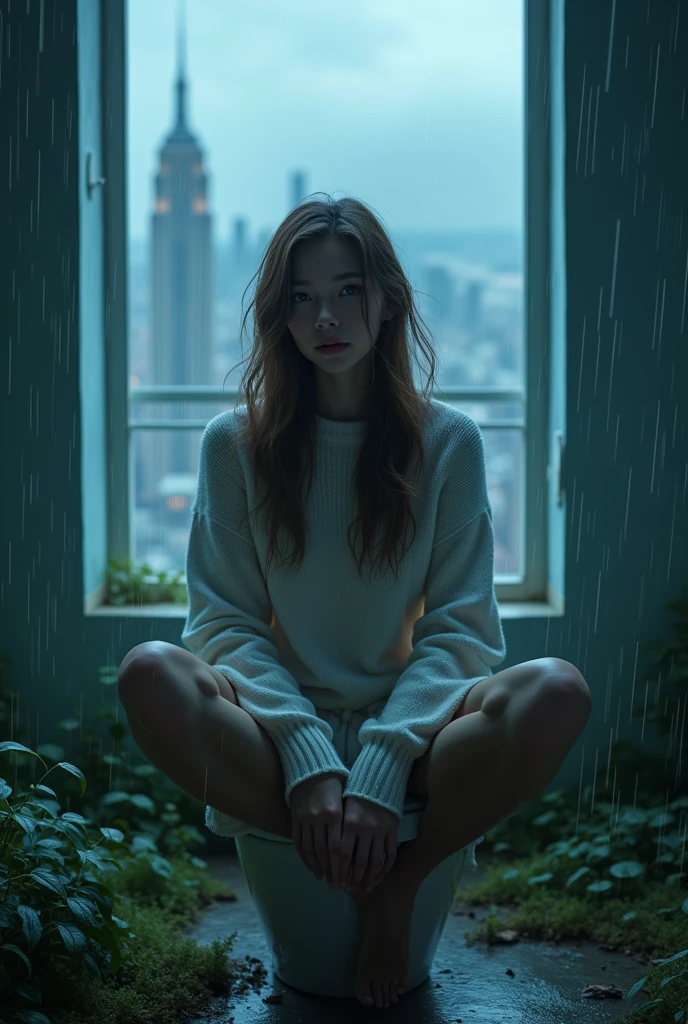 masterpiece, (((full figure mannequin visible full body photo))), (((magic lighting action photo))) (((beautiful american woman with pale gray eyes smiling, goddess, sitting on toilet in front of window surrounded by rain, paradise, vast fantasy landscape))) ((america city)), (((white sweater dress, looking at camera))) , ( (( brown hair, precise hands precise eyes))), ((( pull oversize down on knee, position squatting))), moody lighting, blue hour, blue colors, highly detailed, dramatic lighting, trendy digital art on Artstation 8k HD high definition detailed realistic, detailed, Skin Texture, hyper detailed, realistic Skin Texture, armature, Best quality, ultra high resolution, (Photorealistic:1.4), high resolution, detailed, raw photo, re sharp, nikon d850 film stock photography 4 kodak portra 400 camera f1.6 lens rich hyper realistic colors realistic texture dramatic lighting unrealengine trends on artstation cinestill 800, (((accurate female anatomy, perfect eyes))) (((500px, fstoppers, photovision.ru, iso noise)))