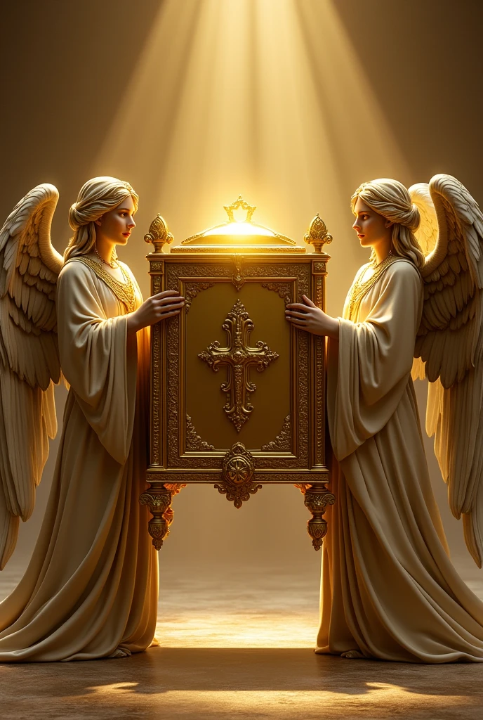 I want an ark with 2 cherubim with their wings extended facing each other,I want them wearing clothes touching the wings and the golden ark with 2 pieces of wood covered in gold that carry the ark